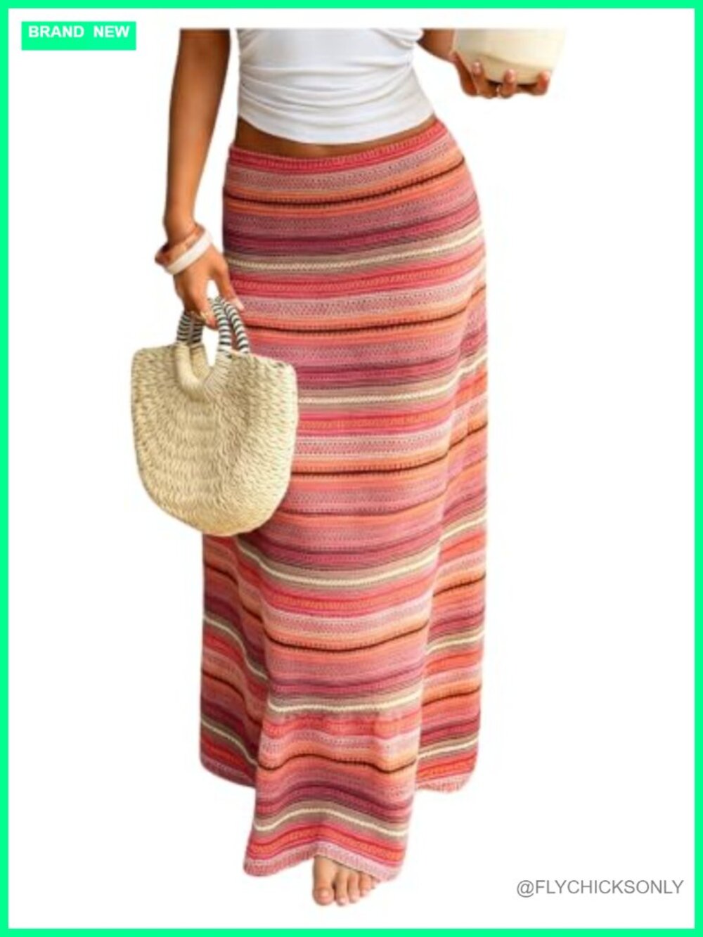 Striped Crochet Knit Maxi Skirt Boho Summer Long Bodycon